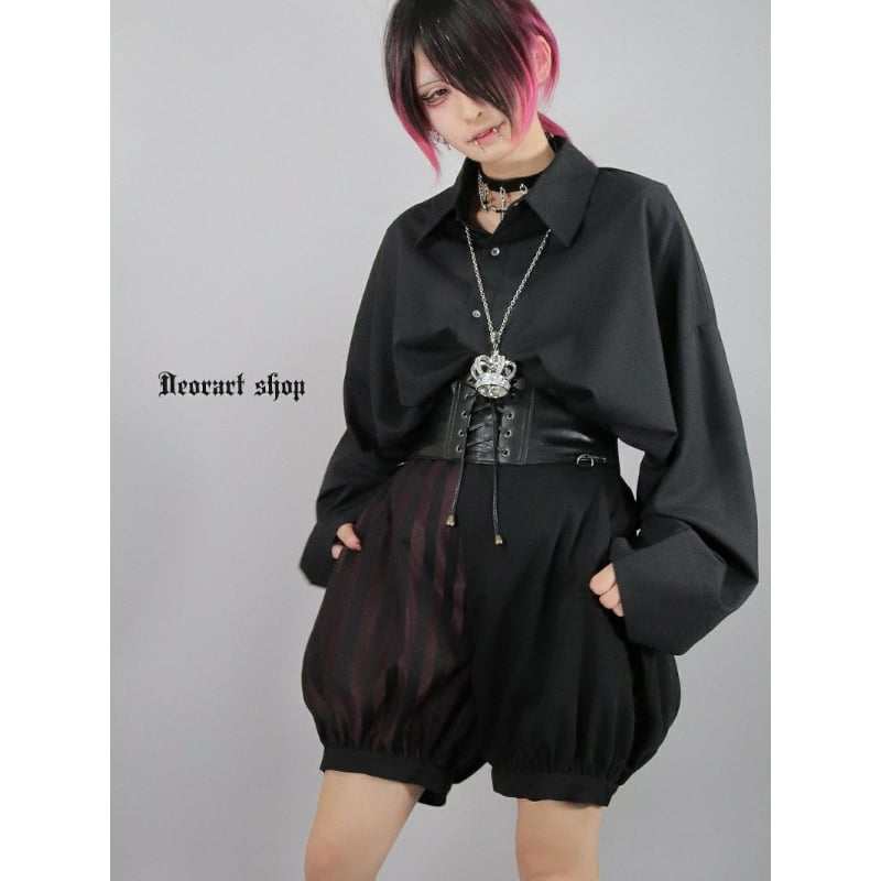 [APPAREL]/ディオラート/ストライプ柄 バルーン ドロワーズ パンツ ブラック×ワイン (M) ゴスロリ・パンク/Deorart Deorart】ストライプ柄 バルーン ドロワーズ パンツ（DRT2865） | KIST