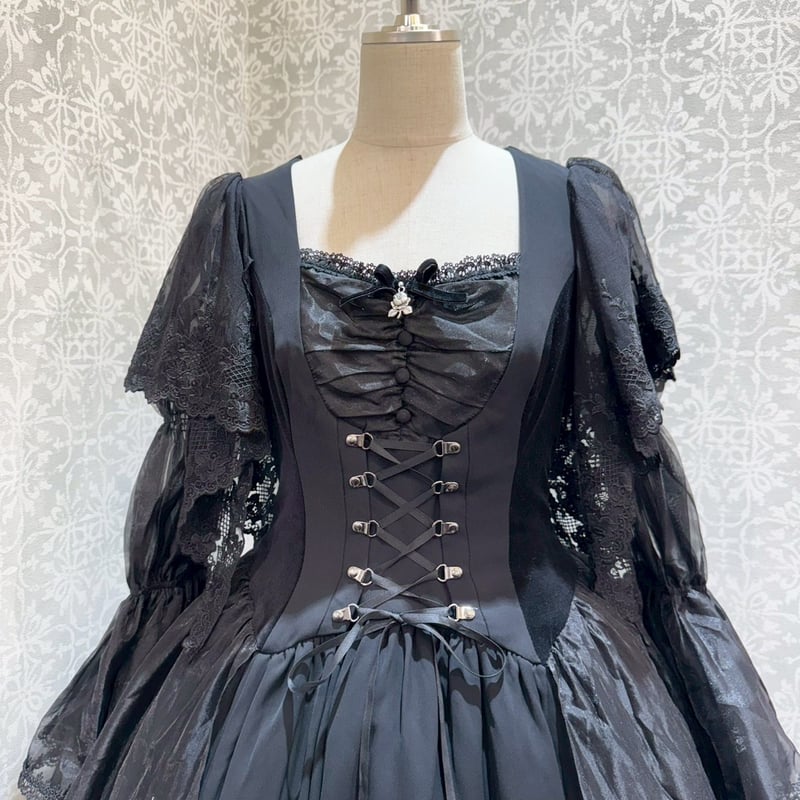 現品限り!!!【送料込み♪】一点物【新品未使用】豪華♡黒薔薇×レース　和装ベルト 星箱Works】 黒薔薇の貴婦人 編み上げビスチェ風ドレス/A24A01089