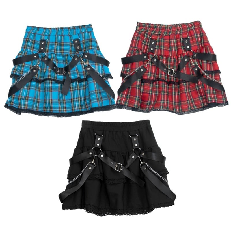 [APPAREL]/リッスンフレーバー/ハーネスティアードスカート RED CHECK (F) ゴスロリ・パンク/LISTEN FLAVOR LISTEN FLAVOR】ハーネスティアードスカート（2420451） | KIST ON