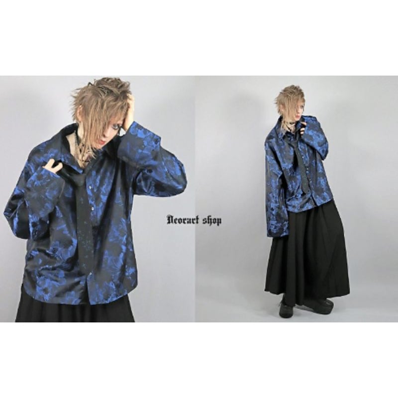 [APPAREL]/ディオラート/ジャガード フラワー柄・オーバーサイズシャツ ブルー (L) ゴスロリ・パンク/Deorart Deorart】ジャガード フラワー柄・オーバーサイズシャツ（DRT2861