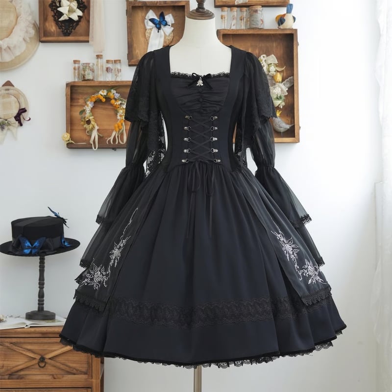 星箱Works】 黒薔薇の貴婦人 編み上げビスチェ風ドレス/A24A01089