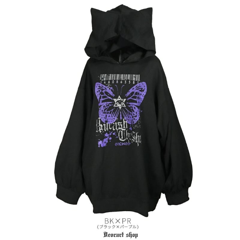[APPAREL]/ディオラート/オーバーサイズ ネコ耳フード・プルパーカー [ butterfly eye ] ブラック×パープル (F) ゴスロリ・パンク/Deorart Deorart】オーバーサイズ ネコ耳フード・プルパーカー [ butterfly eye