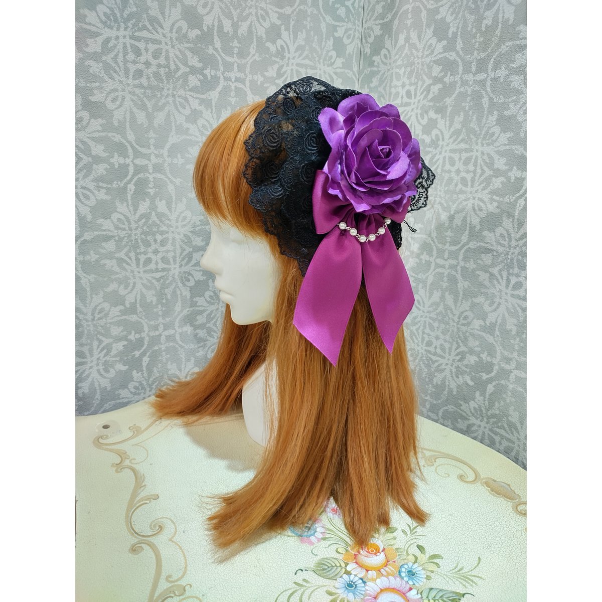 DOLCE &GABBANA 薔薇モチーフ カチューシャ ATELIER-PIERROT】薔薇レースカチューシャ(黒×紫薔薇)/KKC-01-Mpu