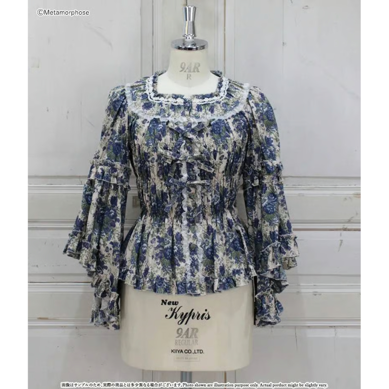 メタモルフォーゼ 【ゴブランブーケ】ラッパ袖ブラウス エンジ系 受注予約】メタモルフォーゼ/ゴブランブーケ スクエアあきロング姫袖