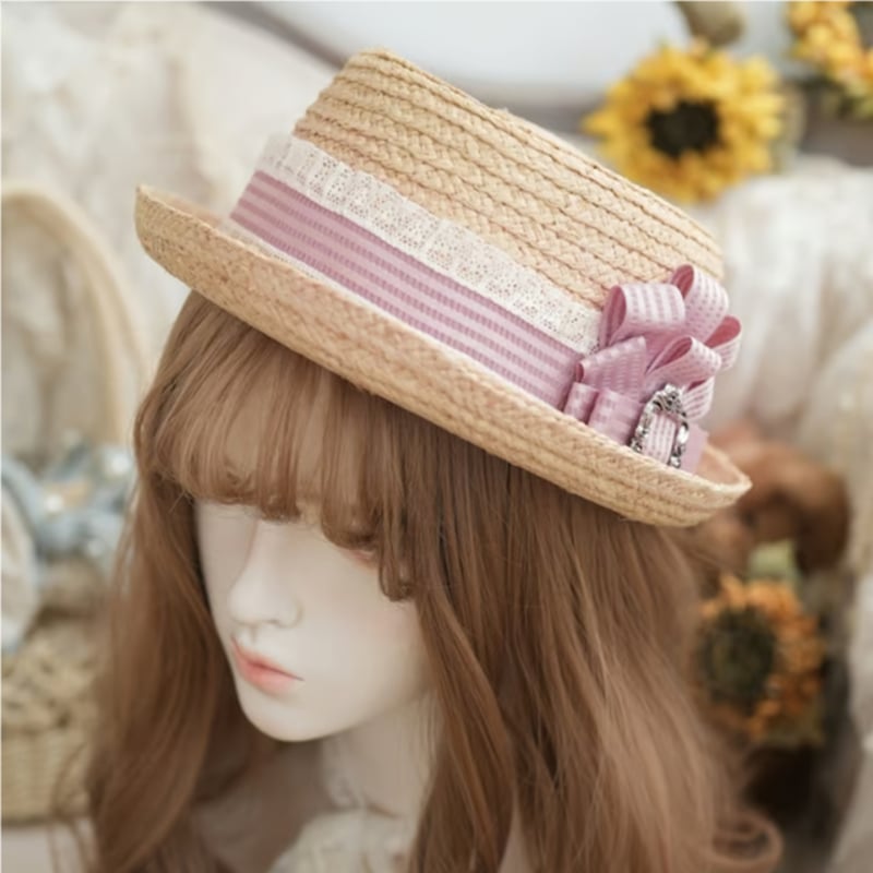 星箱Hoshibako Works カンカン帽ハット帽子ストライプリボンロリータ 星箱Hoshibako Works カンカン帽ハット帽子ストライプリボンロリータ