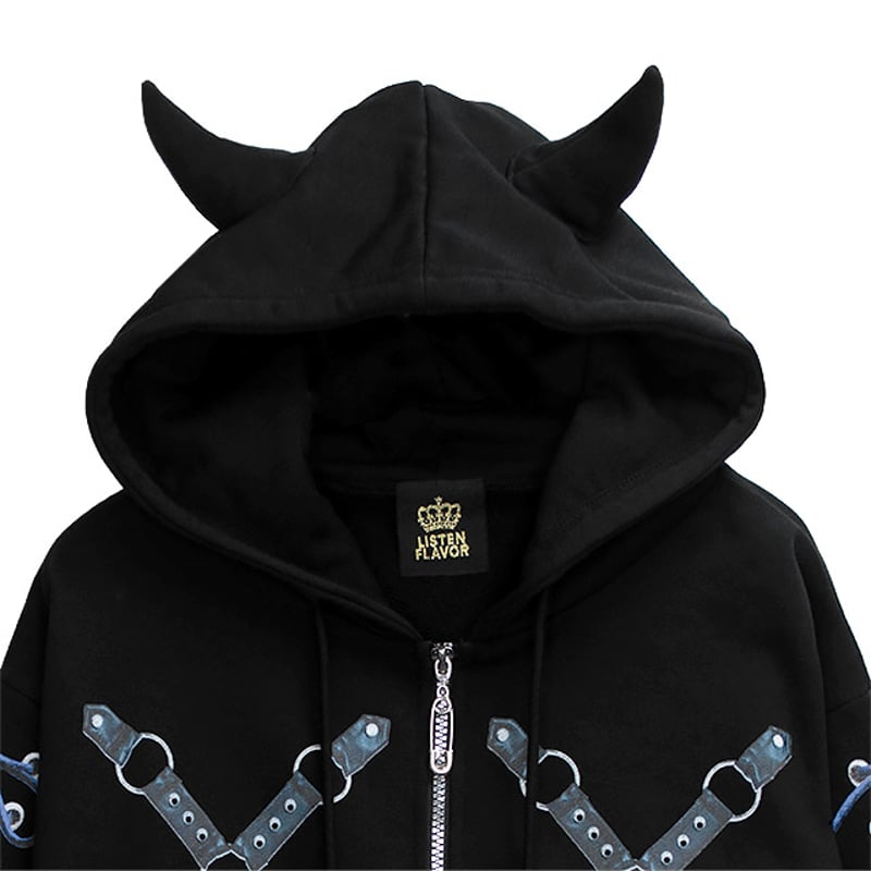 リッスンフレーバー 束縛のツノ付き2WAYクロップドパーカー【BLACK】 束縛のツノ付き2WAYクロップドパーカー【BLACK】｜LISTEN FLAVOR