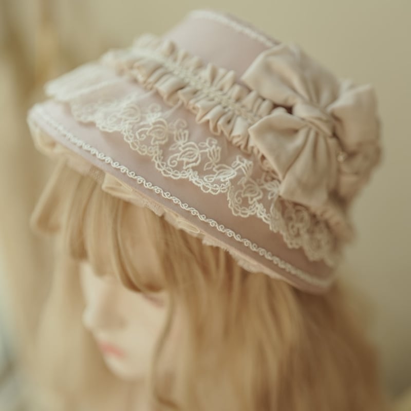 星箱works】リボンタルト帽子型ボンネット(ピンク×クリーム)