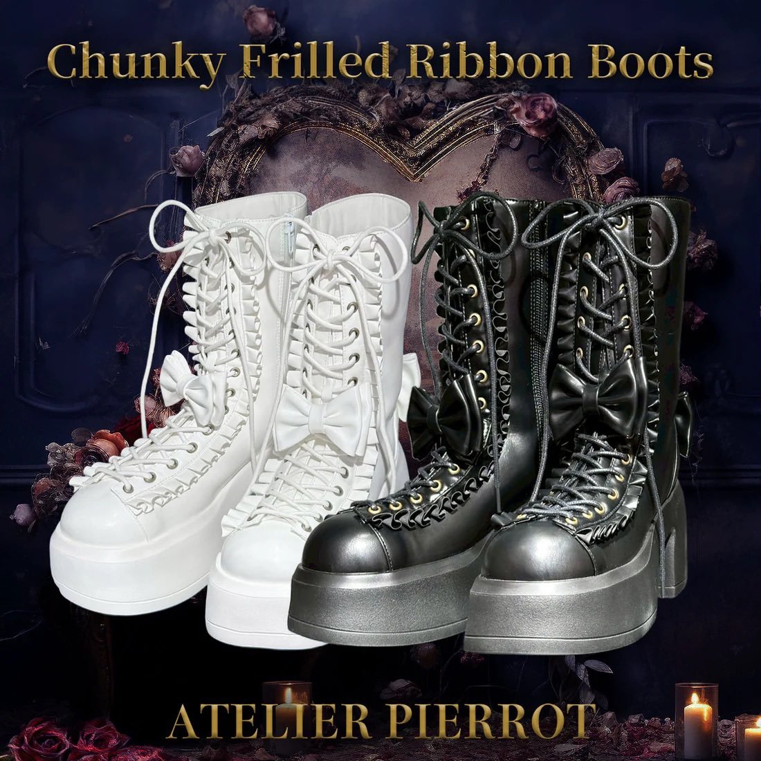 ATELIER-PIERROT】Chunky Frilled Ribbon Boots/AK