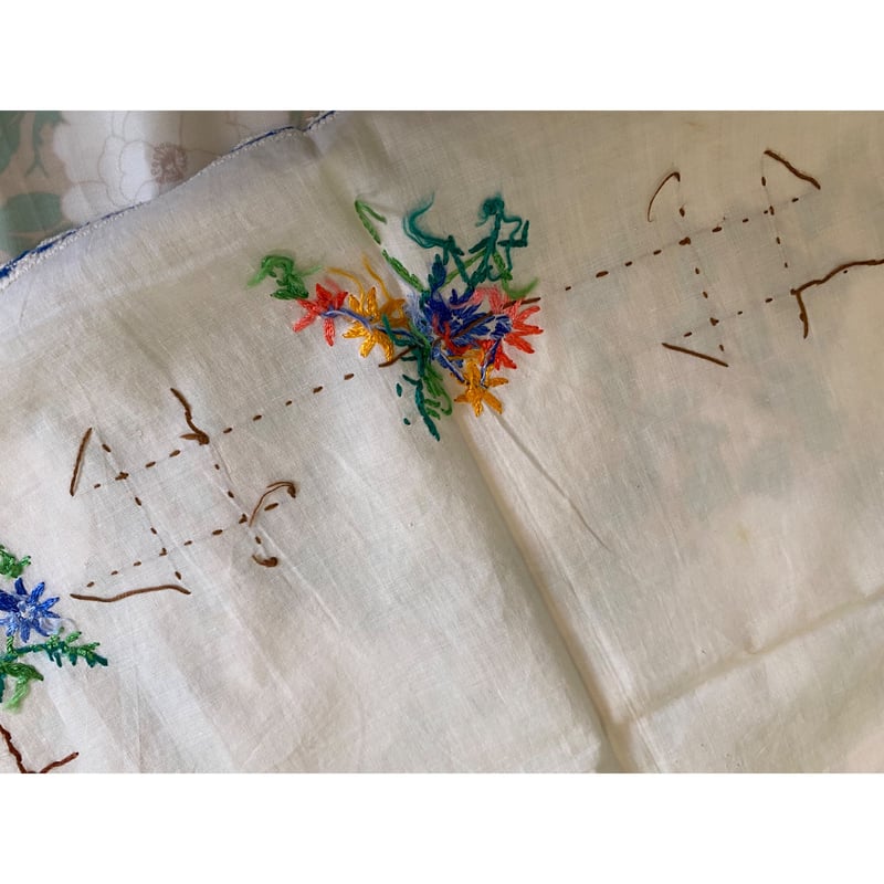 北欧 1930年代 ヴィンテージ 大 刺繍 楕円 ファブリック 花 クロス