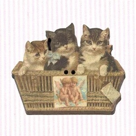 フランス製　木製　ボタン　カゴ猫と天使　バスケット　猫　エンジェル　天使雑貨
