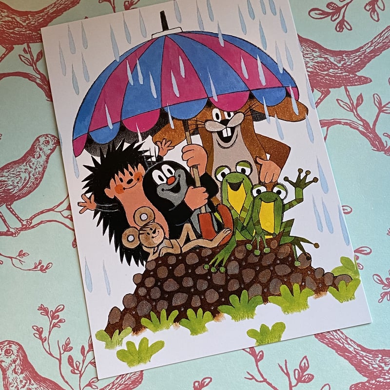 クルテク 『みんなで仲良く雨宿り』 カエル ウサギ ポストカード