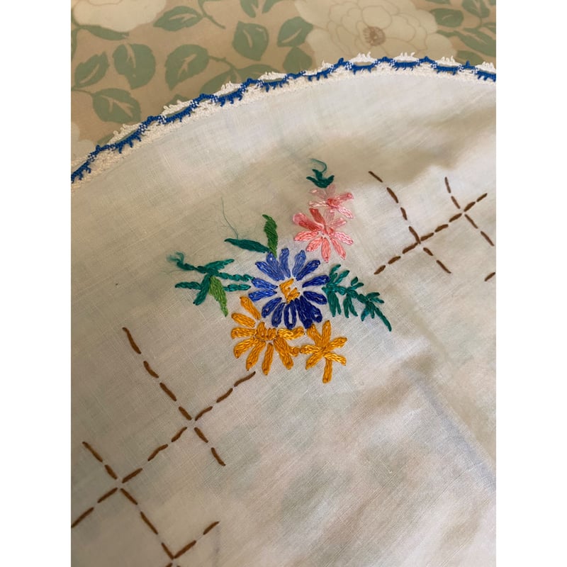 アンティーク　花柄刺繍 大判 テーブルクロス　167×118 アンティーク 花柄刺繍 大判 テーブルクロス 167×118
