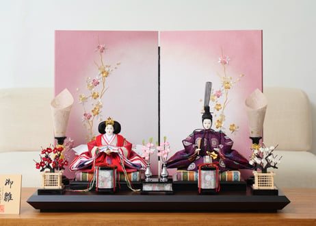 雛人形　親王飾り　正絹西陣織　桜刺繍紫ぼかし二曲屏風