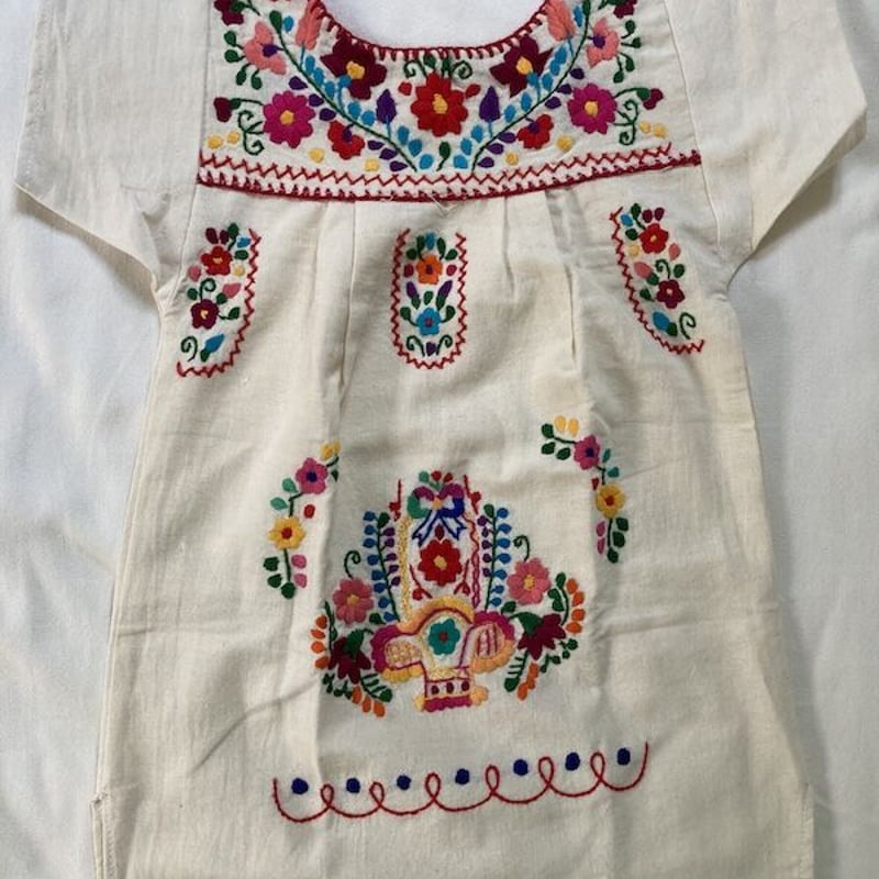 1-2歳サイズ】キッズ メキシカン刺繍のワンピース（コットン生成り 