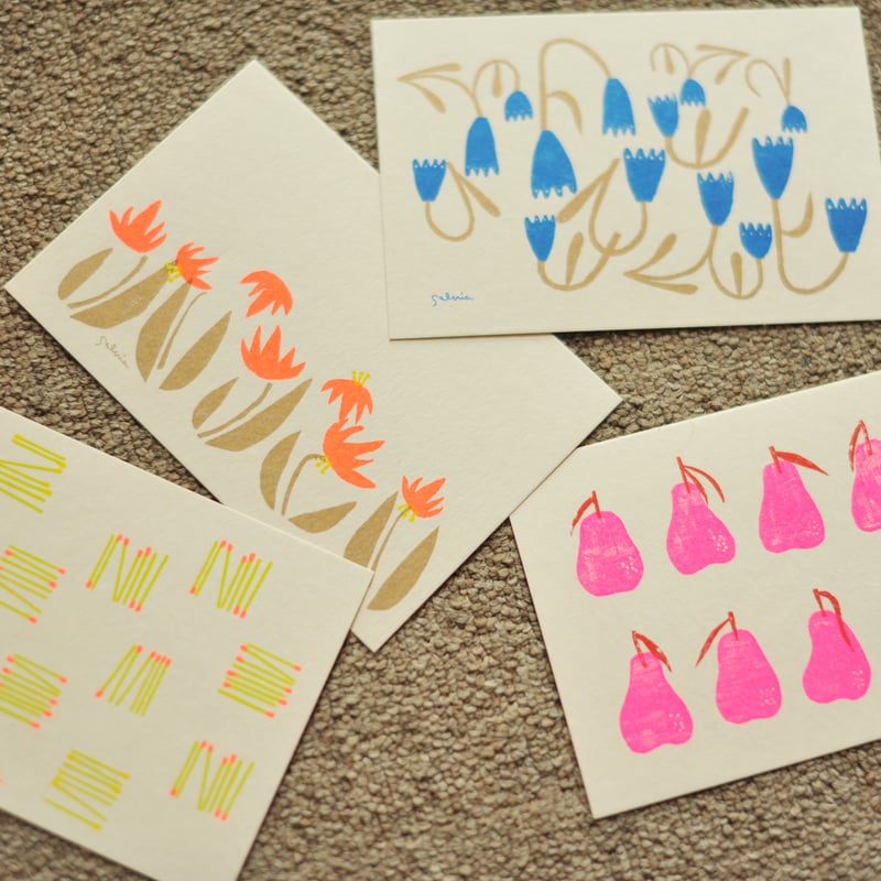 リソグラフ印刷のポストカード4枚セット / マッチと北の草花 | salvia