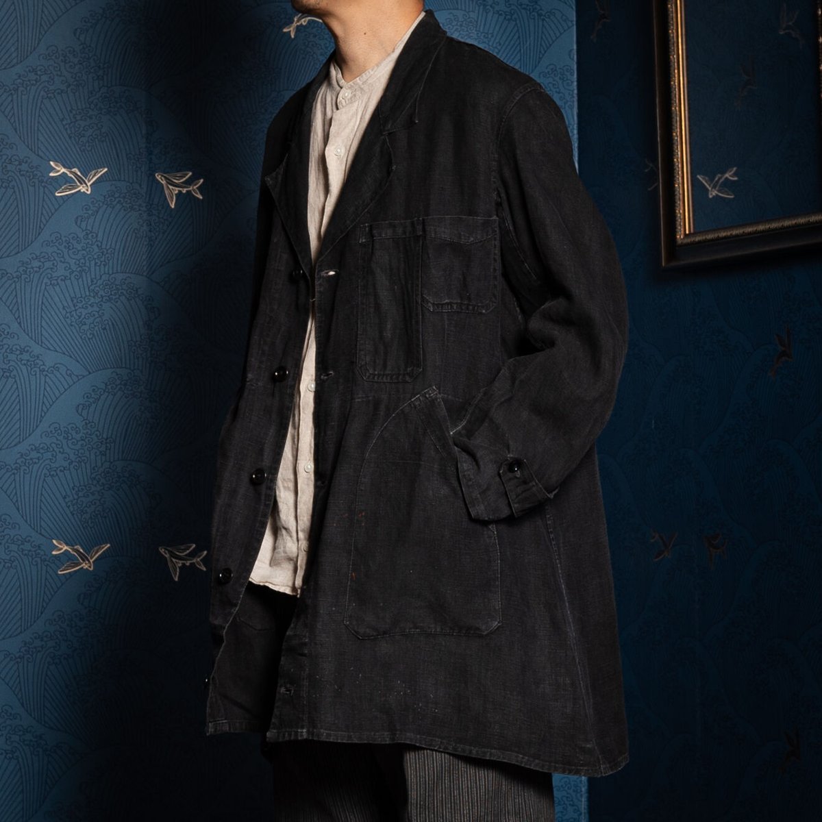 40s France Vintage Black Linen Maquignon Coat 40s France Vintage Black Linen Maquignon Coat