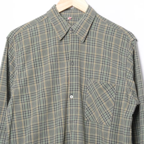 40-50s France Vintage Checked Granpa Shirt Green × Navy