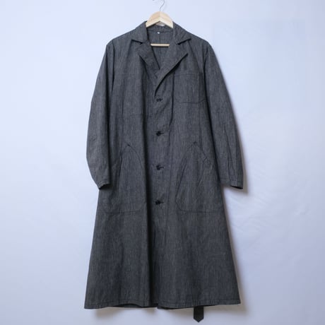 40-50s French Vintage  Black Chambray Atelier Coat  Cotton Linen Size 46 Dead Stock