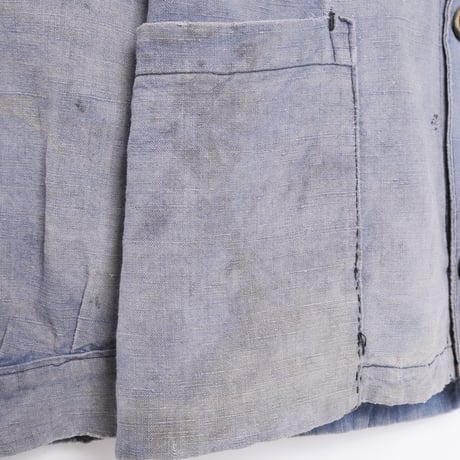 -30s France Vintage  Indigo Linen Double Breasted Work Jacket