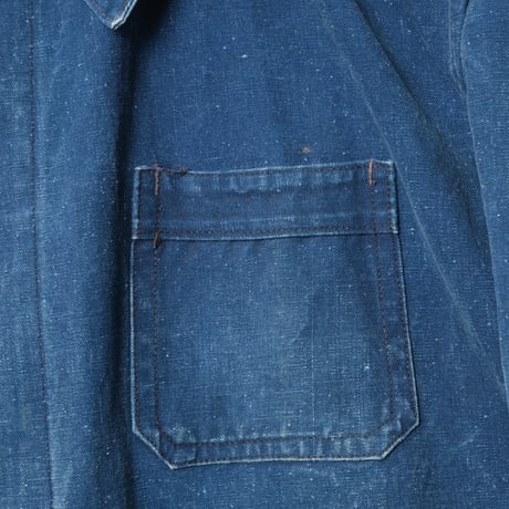 -30s France Vintage Indigo Cotton Linen Work Jacket