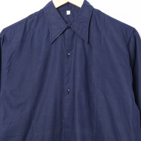 40-50s France Vintage Cotton Linen Blue Granpa Shirts Dead Stock 1