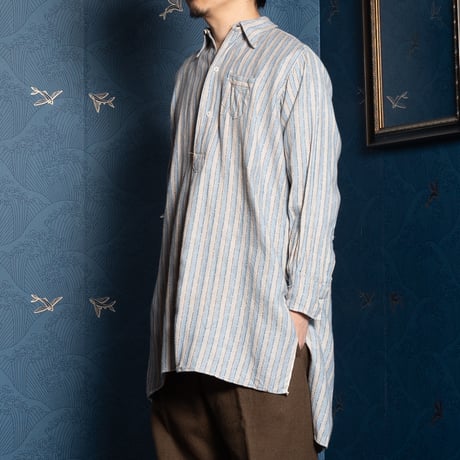 30-40s France Vintage Cotton Stripe Granpa Shirts Light Blue × White