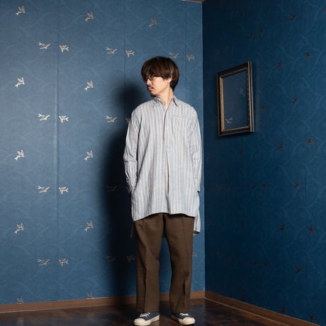 30-40s France Vintage Cotton Stripe Granpa Shirts Light Blue × White