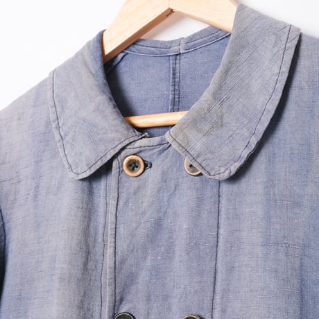 -30s France Vintage  Indigo Linen Double Breasted Work Jacket