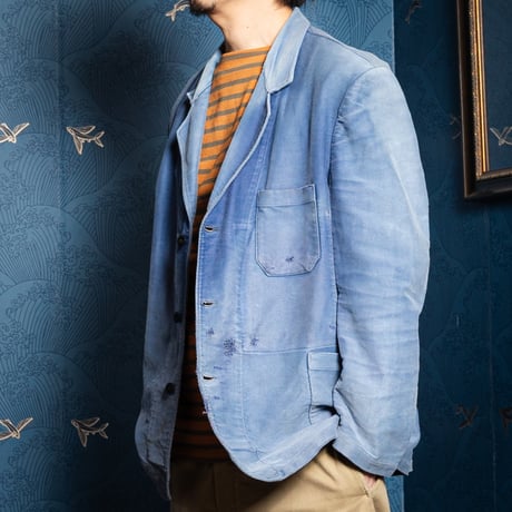 50s France Vintage Lapel Blue Moleskin Work Jacket
