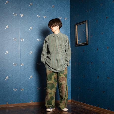 40-50s France Vintage Checked Granpa Shirt Green × Navy