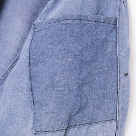 -30s France Vintage  Indigo Linen Double Breasted Work Jacket