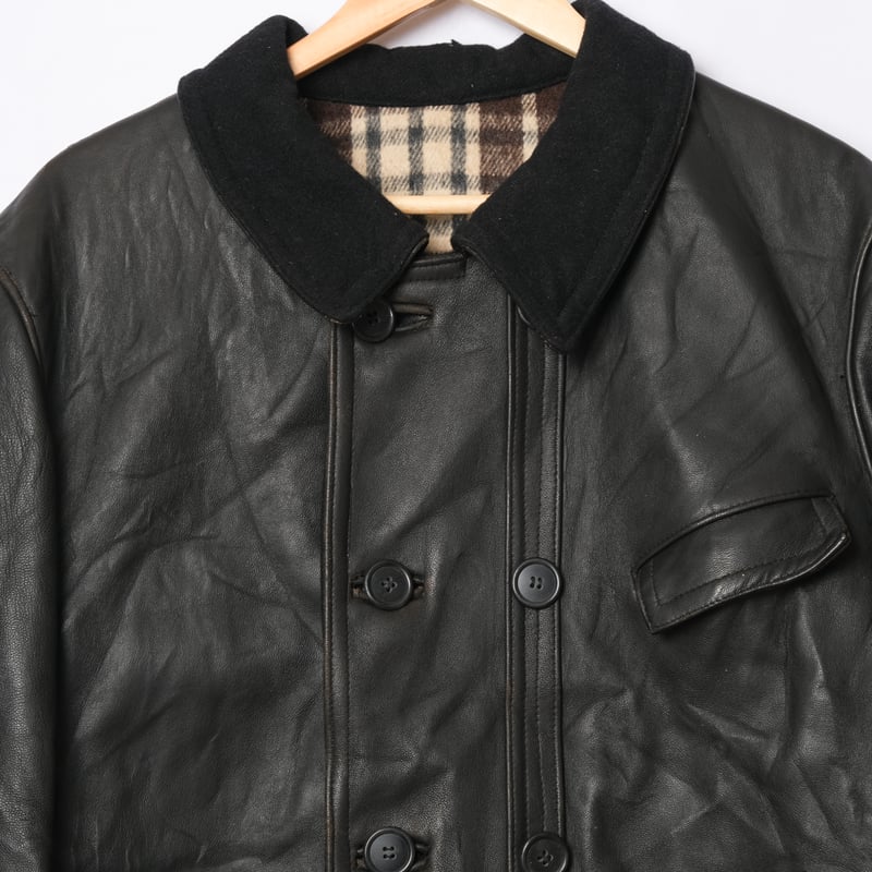 50s-60s France Vintage Leather Jacket Wool Coll