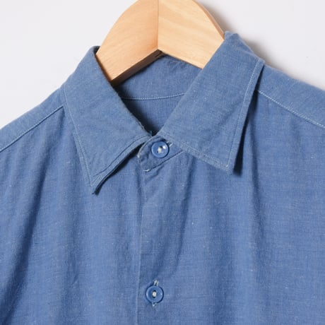 40-50s French Vintage Blue Chambray Cotton Granpa Shirts 1