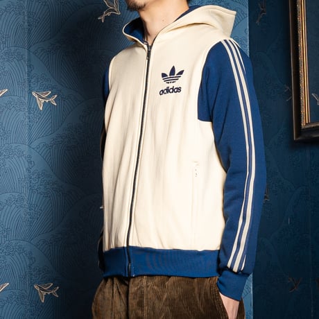 70-80s Vintage adidas Ventex Hoodie Ivory × Navy (Made in France)
