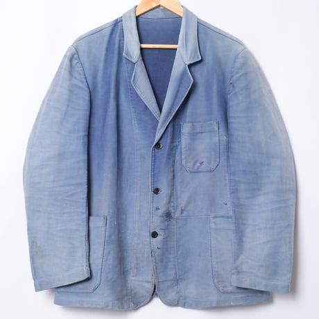 50s France Vintage Lapel Blue Moleskin Work Jacket