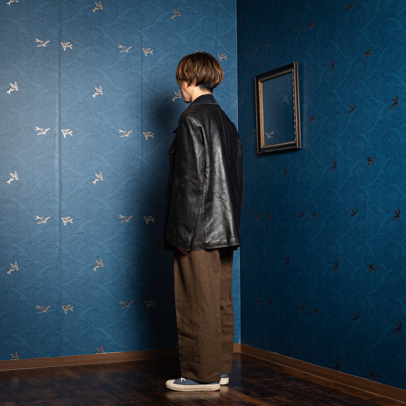 50s-60s France Vintage Leather Jacket Wool Coll