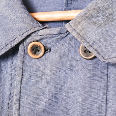 -30s France Vintage  Indigo Linen Double Breasted Work Jacket