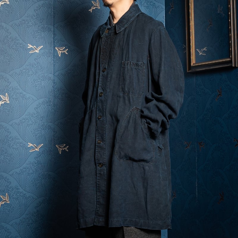 30s France Vintage Indigo Linen Maquignon Coat