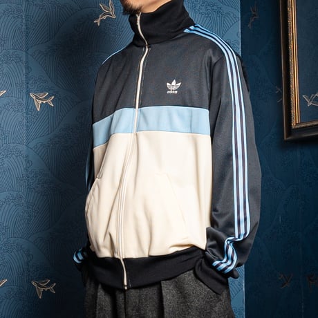 70-80s Vintage adidas Ventex Track Jacket Ivory × Black × Light Blue (Made in France)