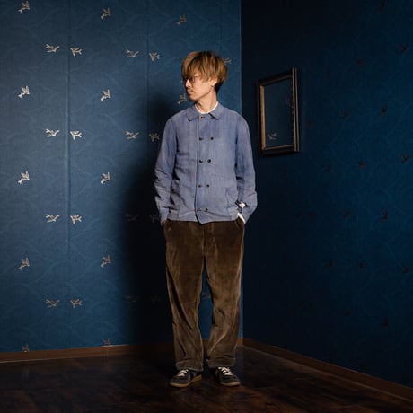 -30s France Vintage  Indigo Linen Double Breasted Work Jacket