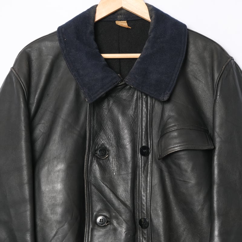 50s-60s France Vintage Leather Jacket Wool Coll