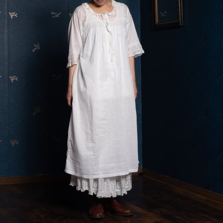 〜1930s French Antique Cotton Lace Short Sleeve Night Dress  1