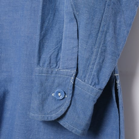 40-50s French Vintage Blue Chambray Cotton Granpa Shirts 1