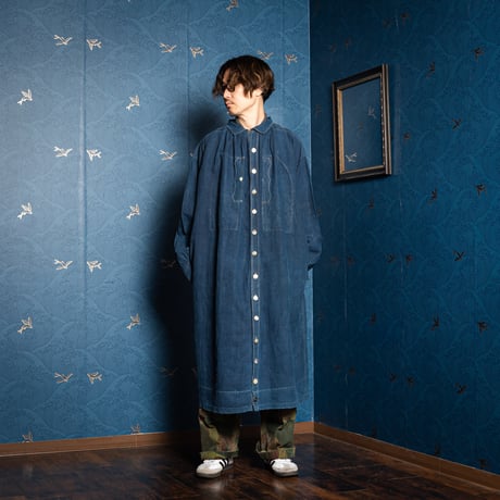 -30s France Antique Indigo linen Biaude (Fullopen)