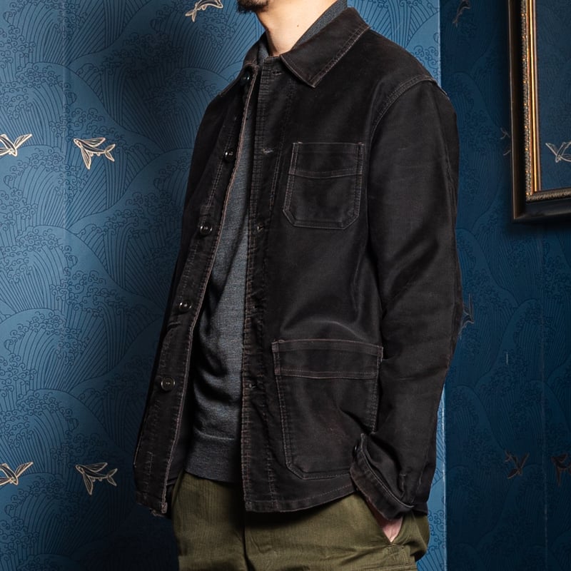 ユーロ ビンテージ フレンチ 40s モンサンミシェル モールスキン ワーク 0633. 1940's Le Mont St Michel Black moleskin work jacket 50