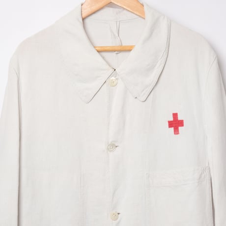 -30s  France Antique Linen Red Cross Hospital Coat