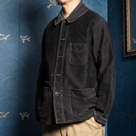 40s France Vintage Le Mont Saint Michel Black Moleskin Work Jacket