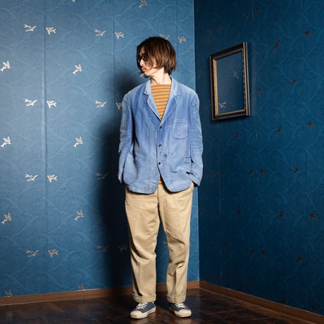 50s France Vintage Lapel Blue Moleskin Work Jacket