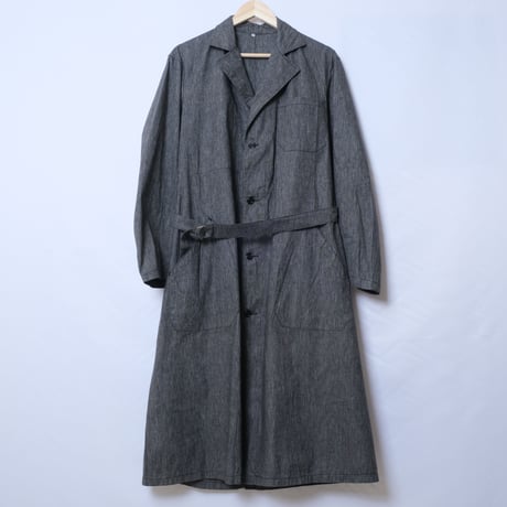 40-50s French Vintage  Black Chambray Atelier Coat  Cotton Linen Size 46 Dead Stock