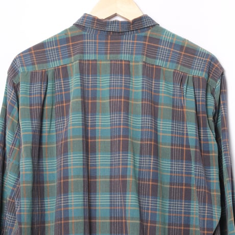 40-50s France Vintage Checked Granpa Shirt Green × Navy Stripes